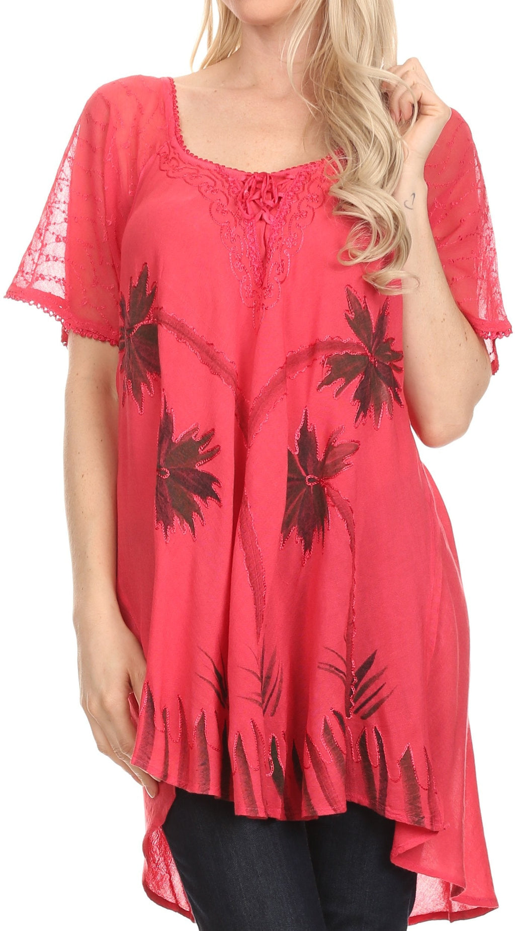 Sakkas Albina Island Relaxed Fit Embroidery Cap Sleeves Blouse / Top