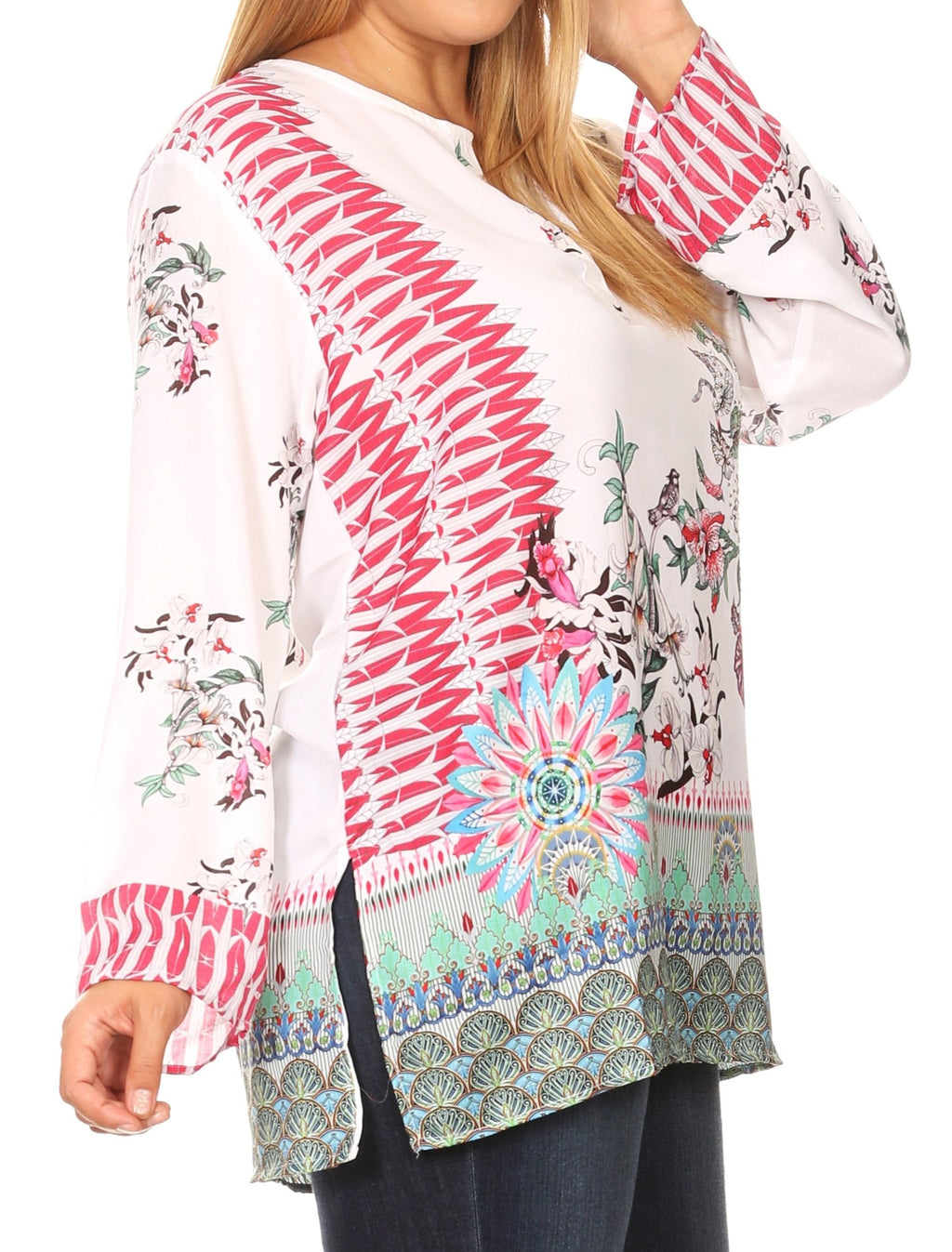 Sakkas Linea Women's Casual Floral Print Long Sleeve Swing Boho Pullover Tunic Top