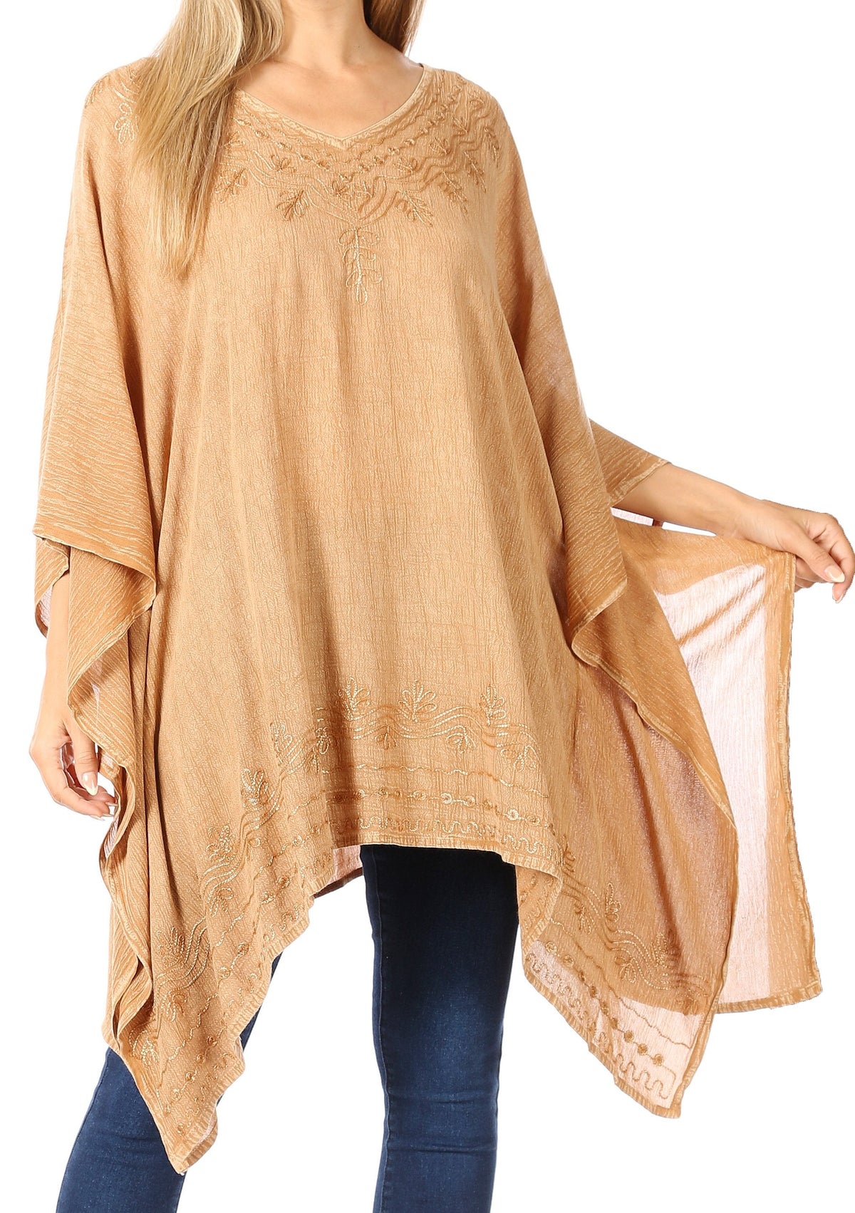 Sakkas Wren Lightweight Circle Poncho Top Blouse With Detailed Embroidery