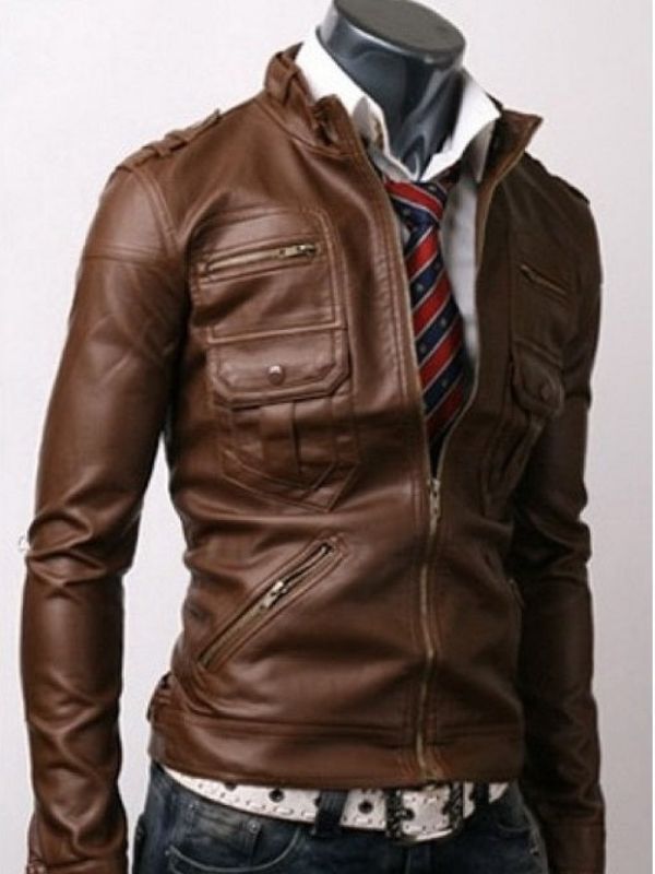 Men's Light Brown Leather Jacket with Zip Pockets