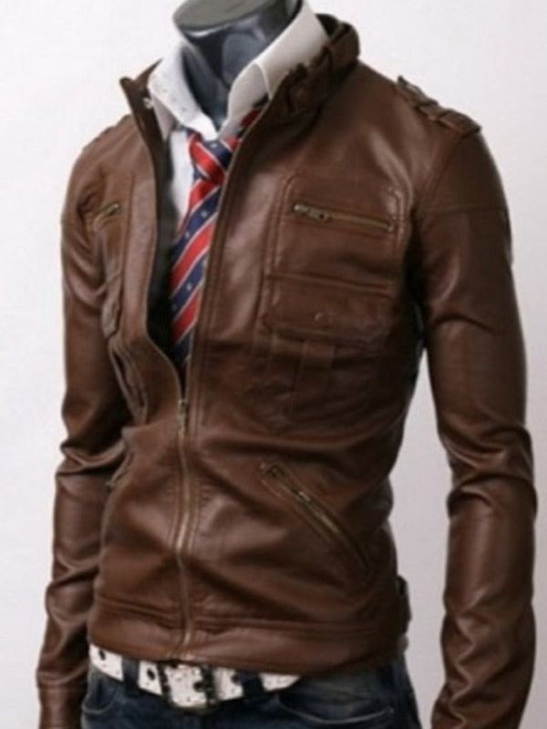 Men's Light Brown Leather Jacket with Zip Pockets