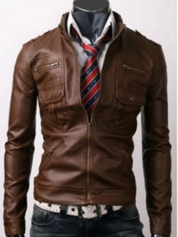 Men's Light Brown Leather Jacket with Zip Pockets