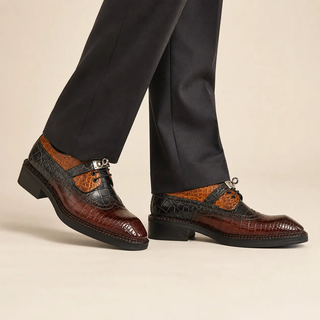 Multicolor Square-Toe Crocodile Leather Derby Shoes