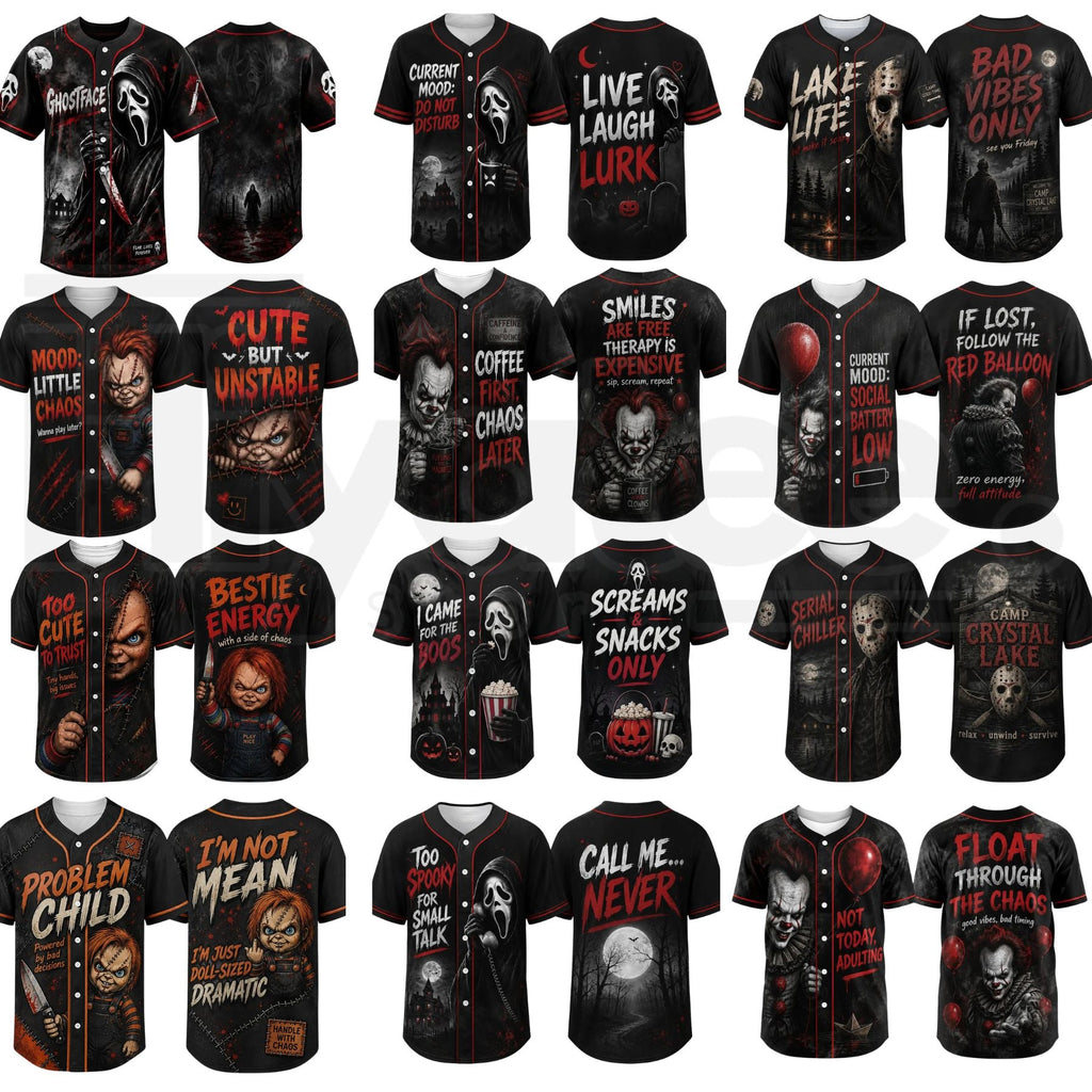 Unisex Horror Graphic Print Baseball Jersey – Slasher Theme Button-Up Shirt