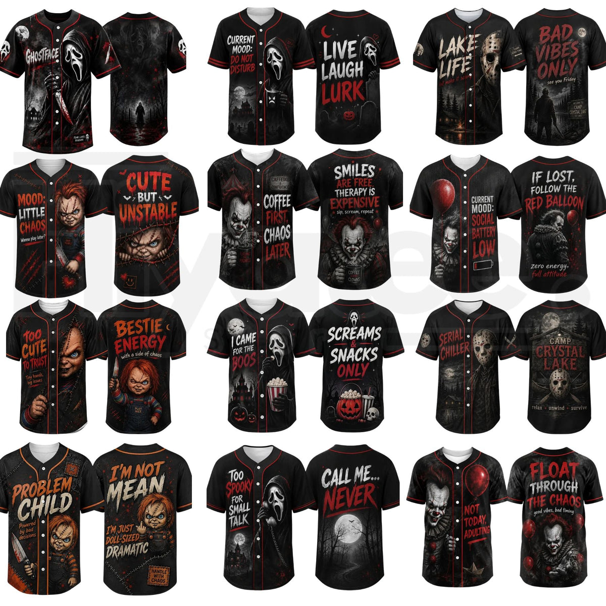 Unisex Horror Graphic Print Baseball Jersey – Slasher Theme Button-Up Shirt