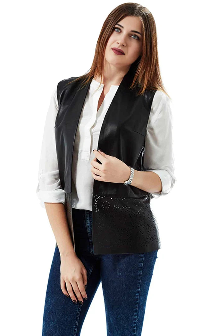 Tawana Black Front Open Leather Vest Jacket for Women
