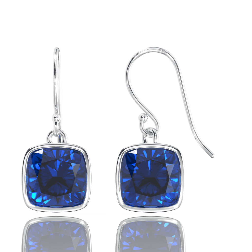 4.50CTW Lab Grown Cushion Cut Blue Sapphire Drop Earrings in 925 Sterling Silver - 8mm Square Gems