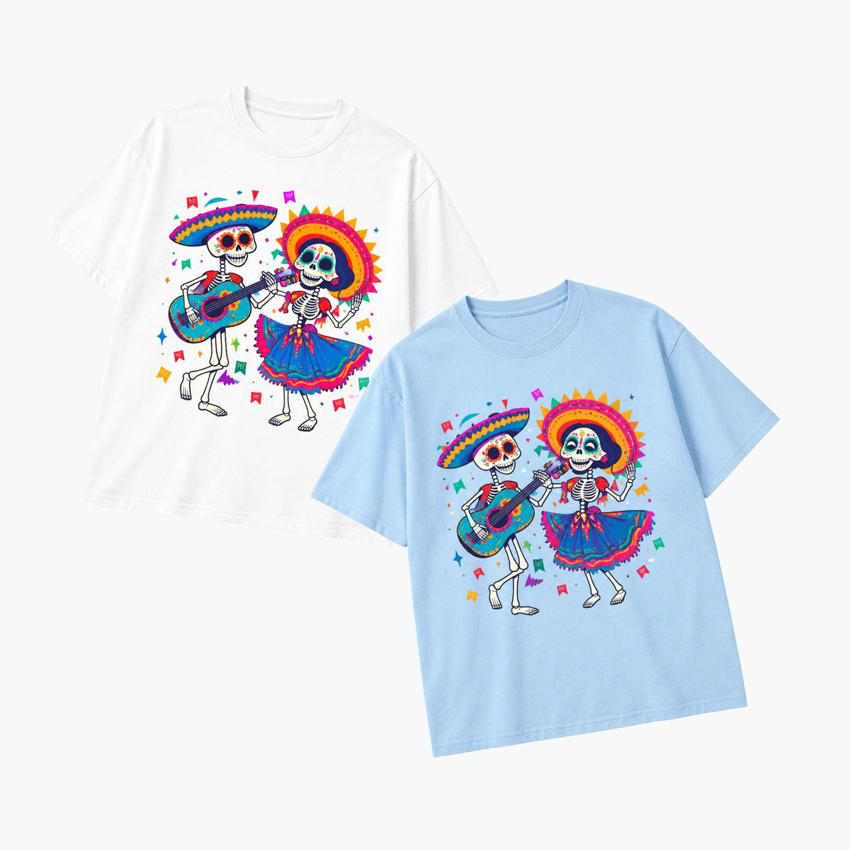 Vibrant Folk Art Skeleton Dance T-Shirt – Colorful Skull & Guitar Spring Summer Graphic Tee