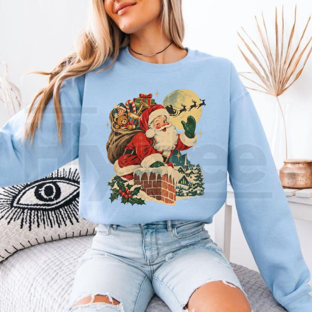 Vintage Santa Claus Chimney Sweatshirt, Retro Reindeer Holiday Graphic Pullover