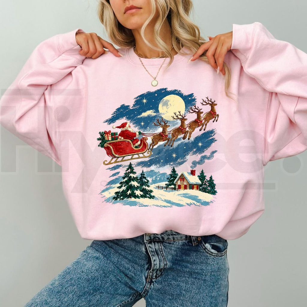 Vintage Santa Sleigh Reindeer Christmas Sweatshirt, Snowy Cottage Winter Holiday Pullover
