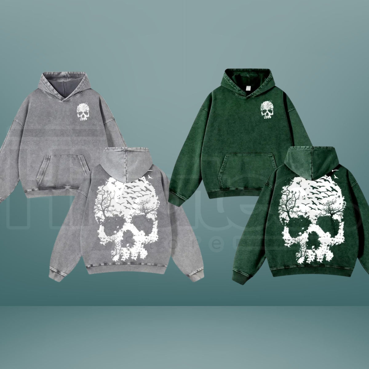 Vintage Washed Skull Print Hoodie – Distressed Skeleton Graphic, Minimal Dark Aesthetic Oversized Sweatshirt