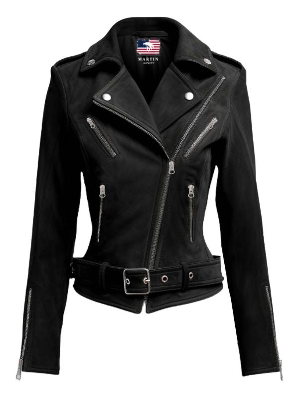 Women Biker Black Suede Leather Jacket