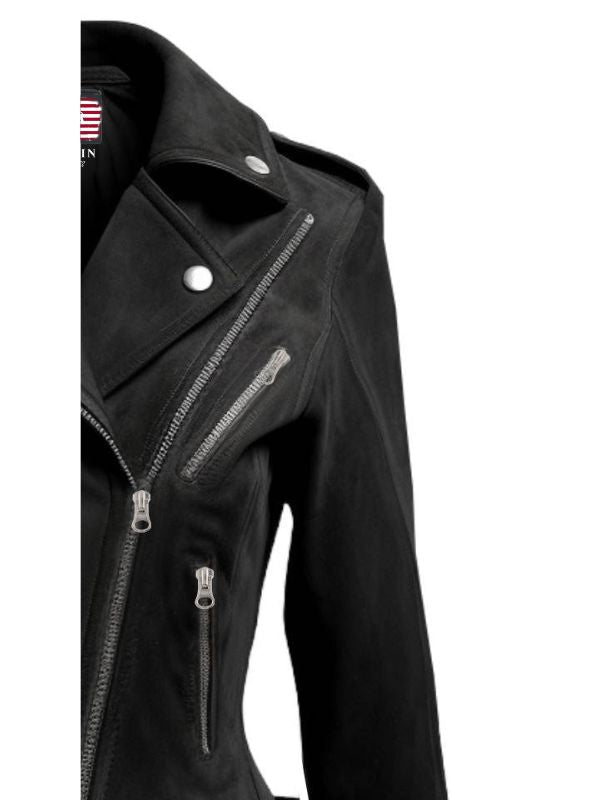 Women Biker Black Suede Leather Jacket