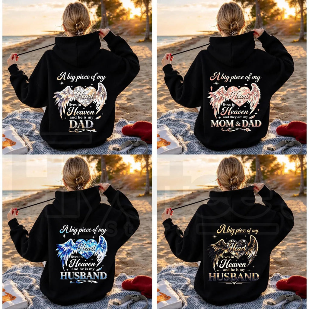 Women’s Mom Memorial Back Print Hoodie – Pink Angel Wings Heart Remembrance Pullover Sweatshirt