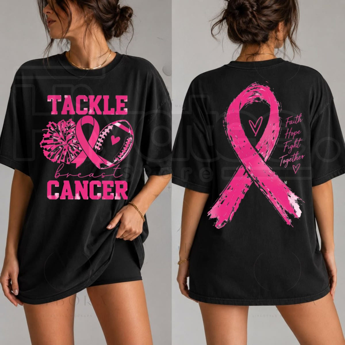 Women's Tackle Breast Cancer Top – Striped Sleeve Graphic Shirt