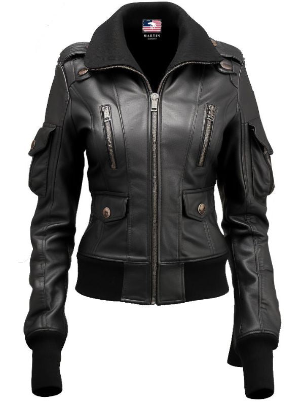 Womens Black Leather Bomber Jacket