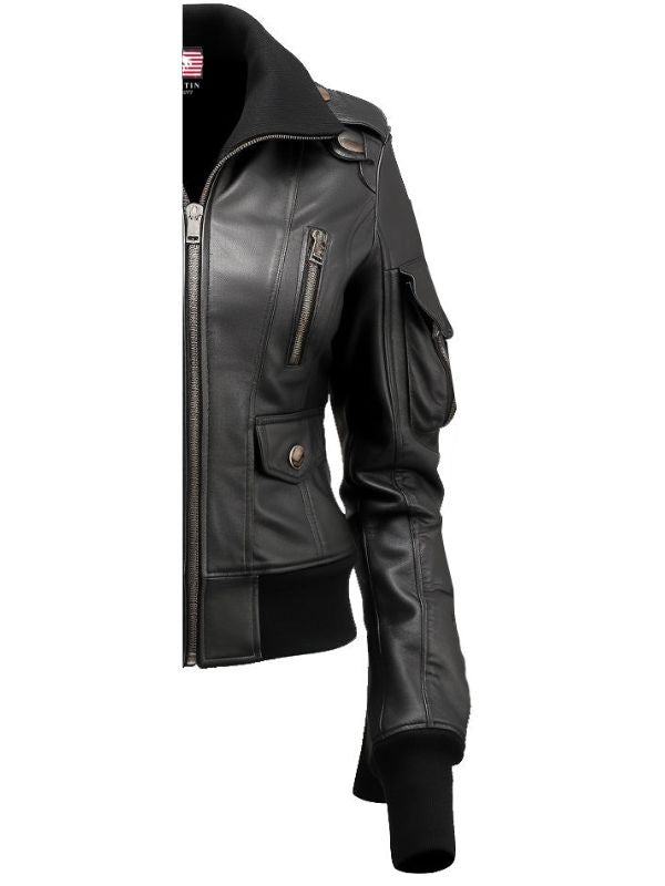 Womens Black Leather Bomber Jacket