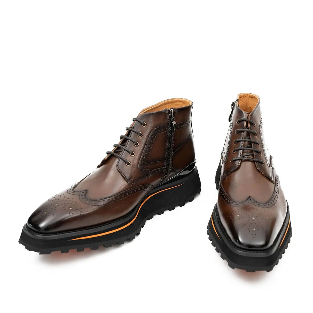 Brown Wingtip Calf Leather Ankle Boots