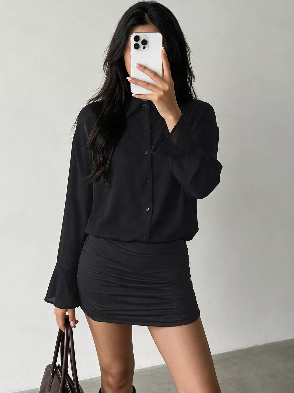 Button Front Flounce Sleeve Bodycon Shirt Dress