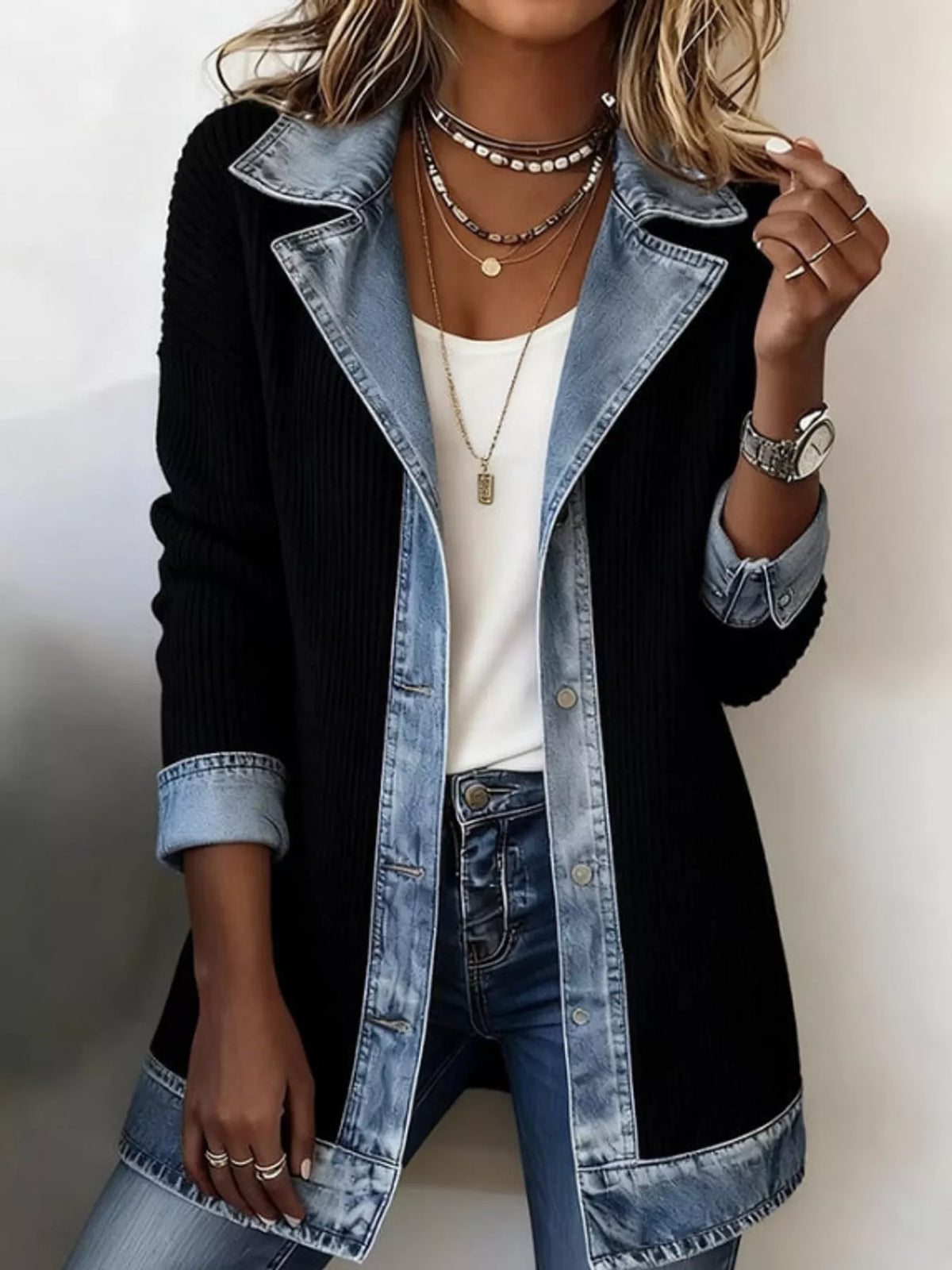 Full Size Denim Trim Ribbed Knit Cardigan Plus Size