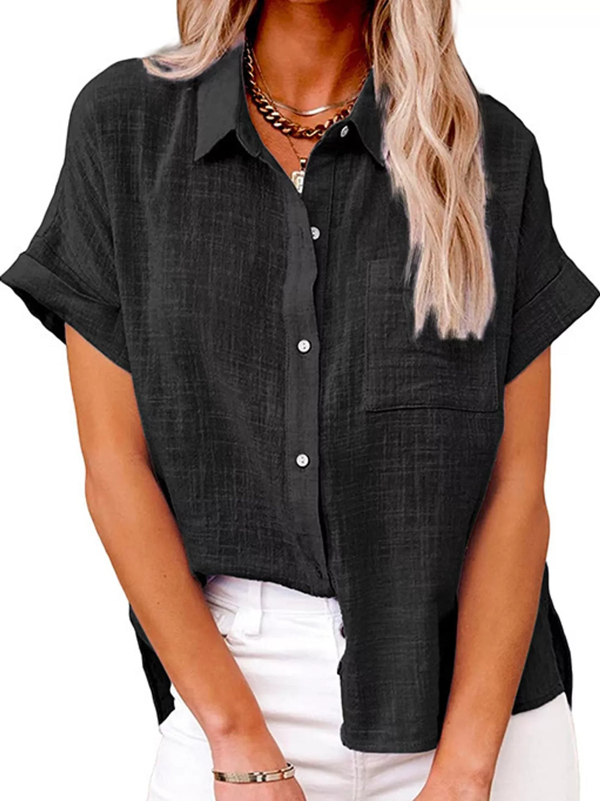 Full Size Button Up Short Sleeve Shirt Plus Size
