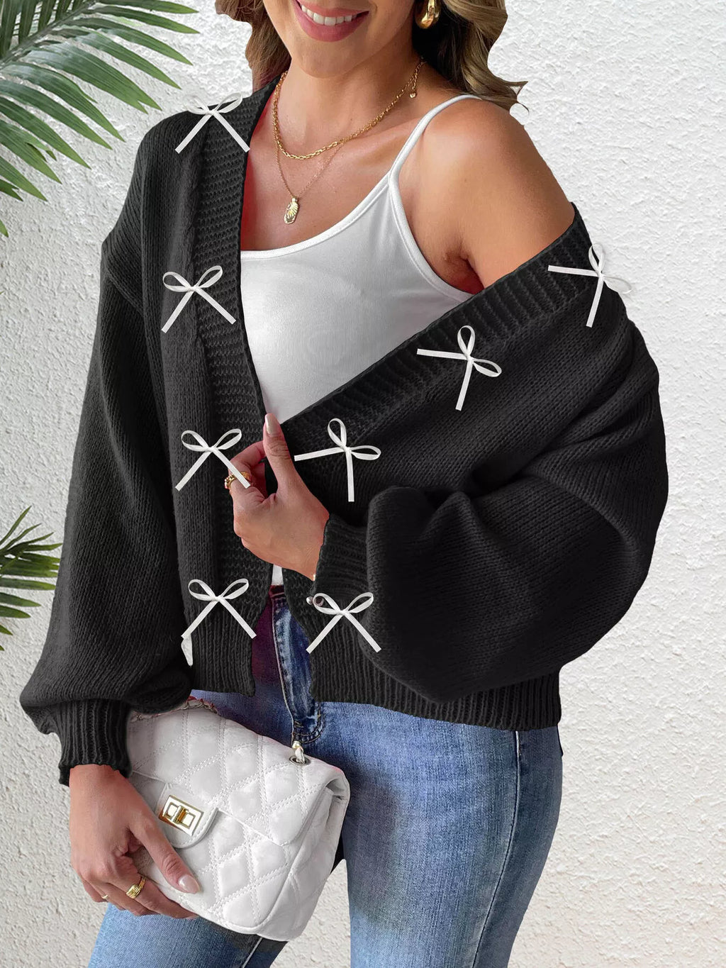 Bow-Tie Open Front Knit Cardigan