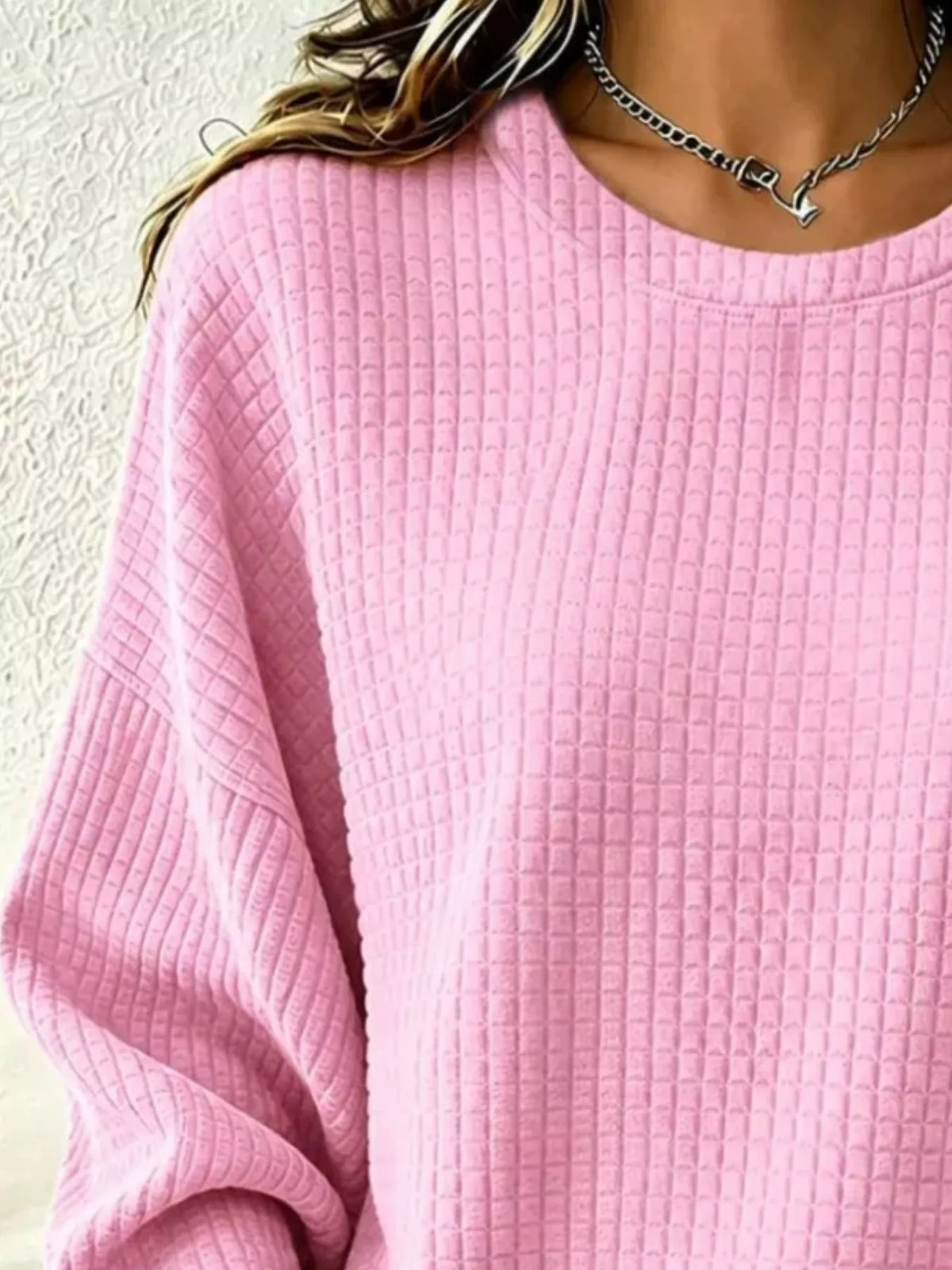 Full Size Textured Crew Neck Long Sleeve Sweatshirt Plus Size
