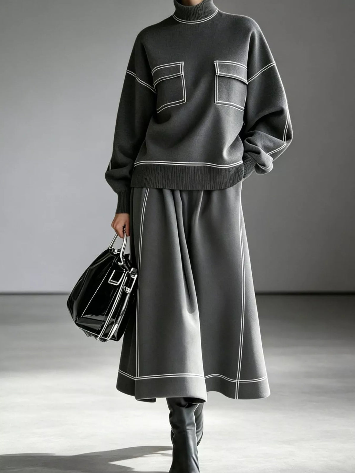 Turtleneck Knit Top and Midi Skirt Set