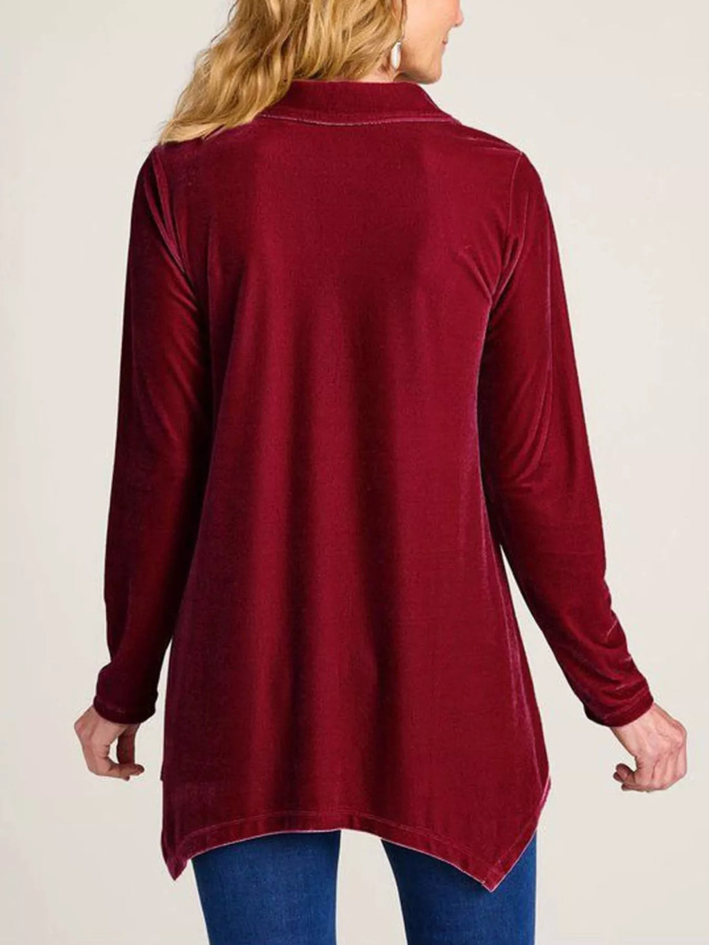 Velvet Button-Down Long Sleeve Shirt with Asymmetrical Hemline