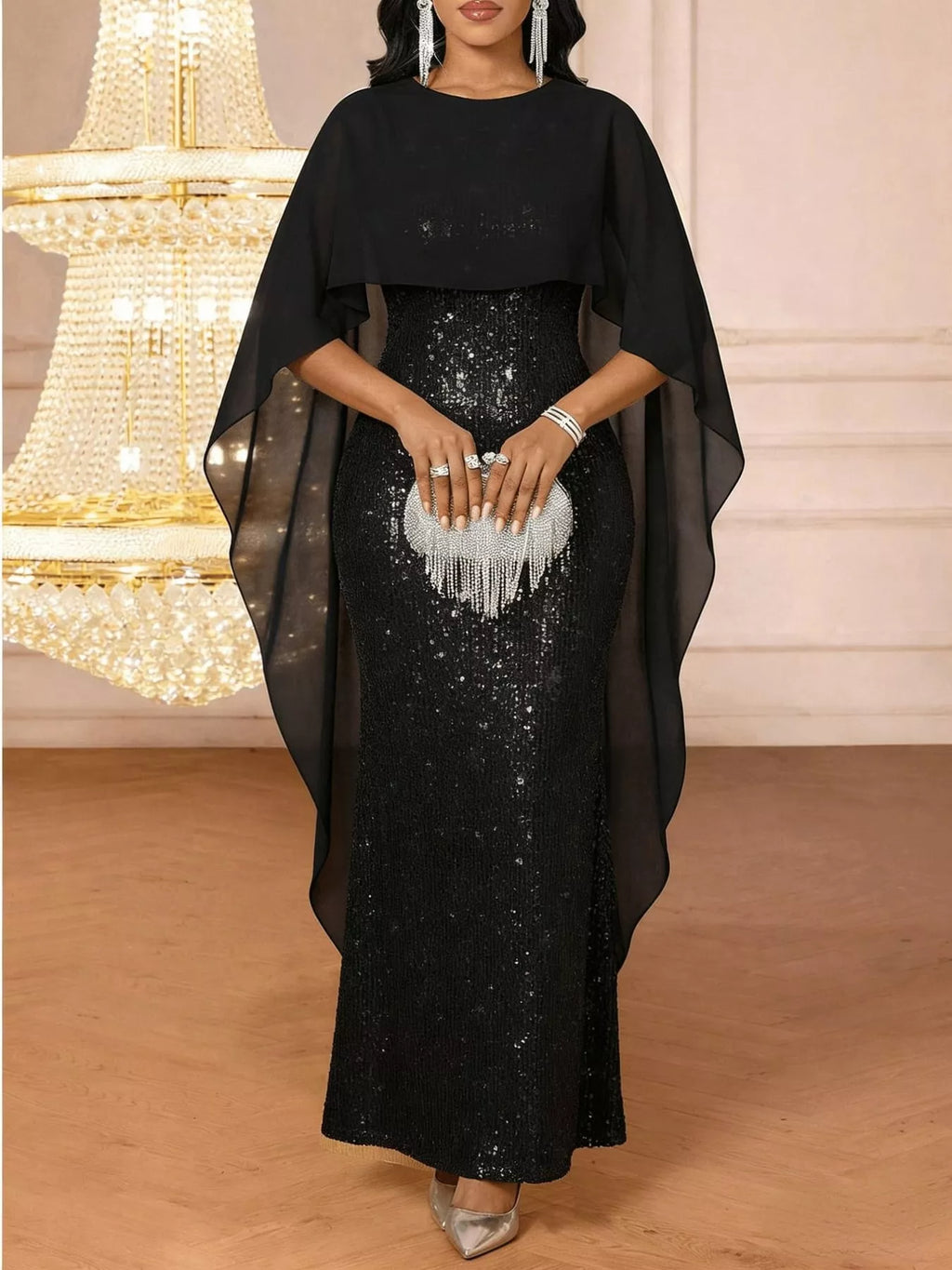 Sequin Cape Overlay Evening Dress
