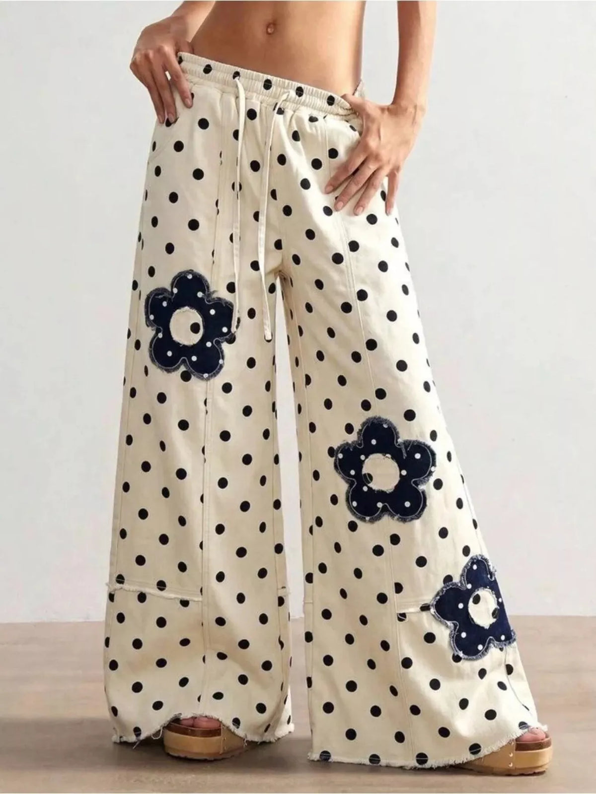Floral Applique Polka Dot Wide-Leg Jeans