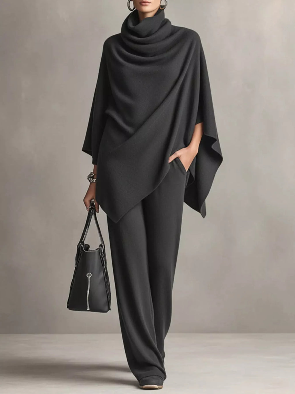 Full Size Turtleneck Poncho and Wide-Leg Pants Set Plus Size