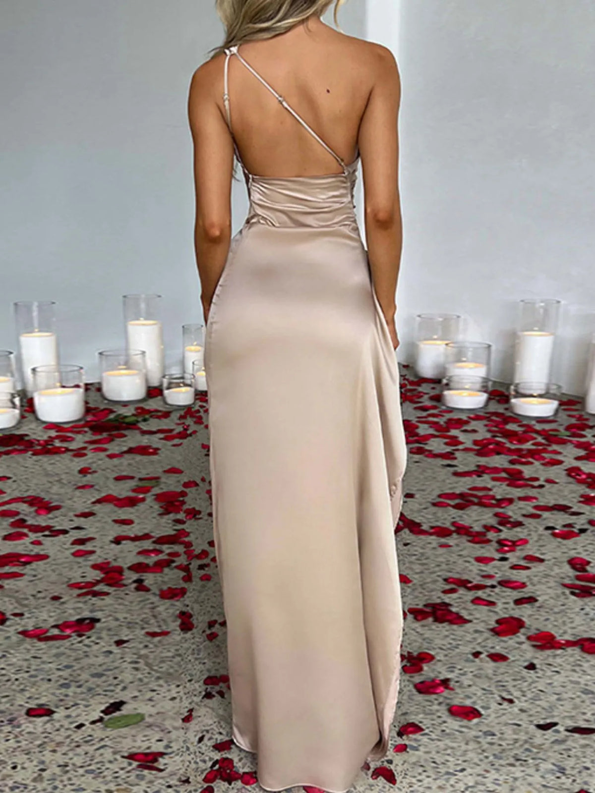 One Shoulder Satin Dress with High Slit
