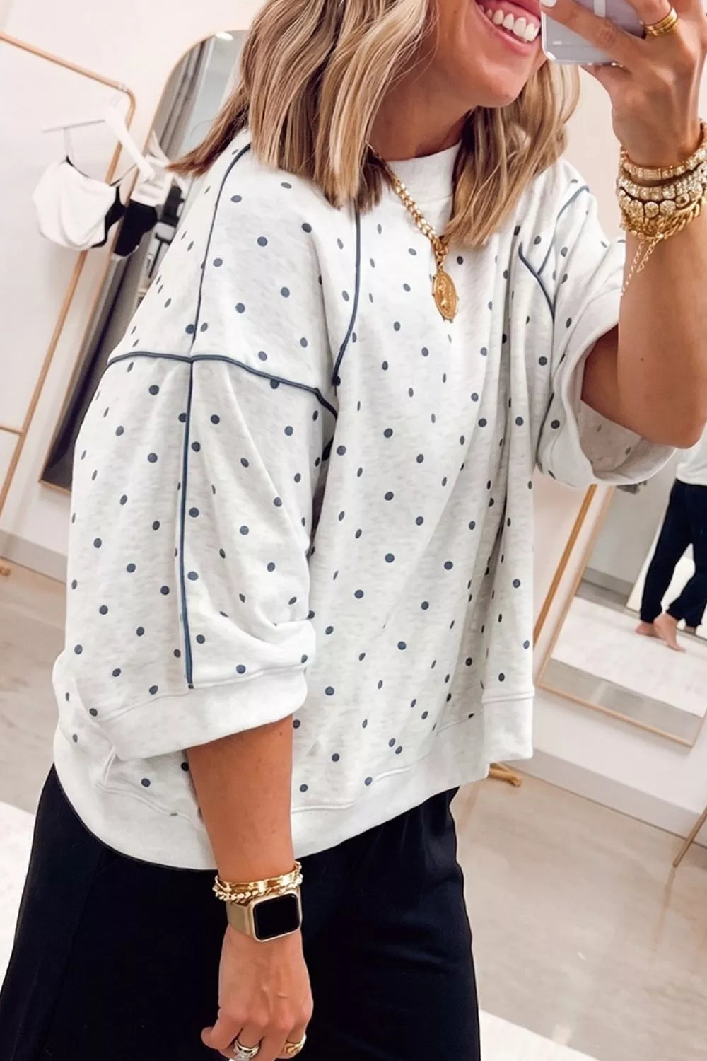 Polka Dot Print Piping Trim 3/4 Sleeve Relaxed Top