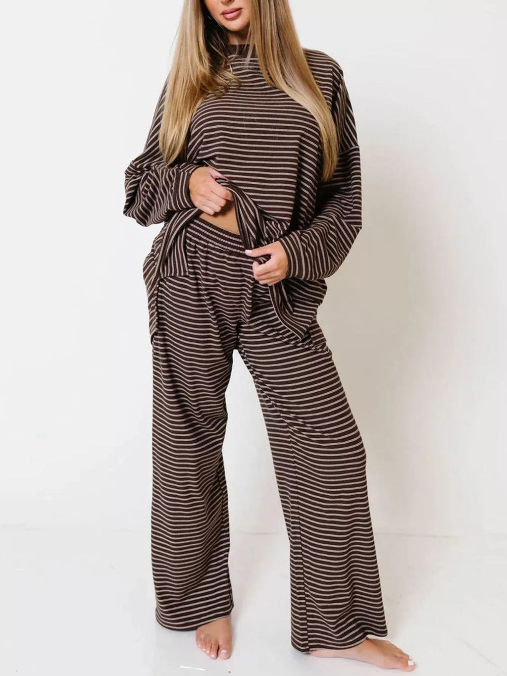 Striped Dropped Shoulder Top and Pants Lounge Set