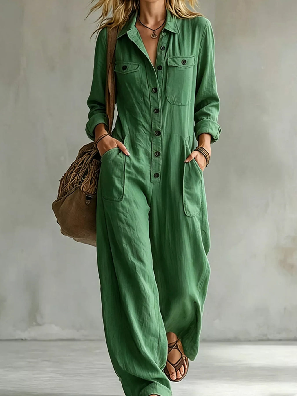 Full Size Long Sleeve Button Front Jumpsuit Plus Size