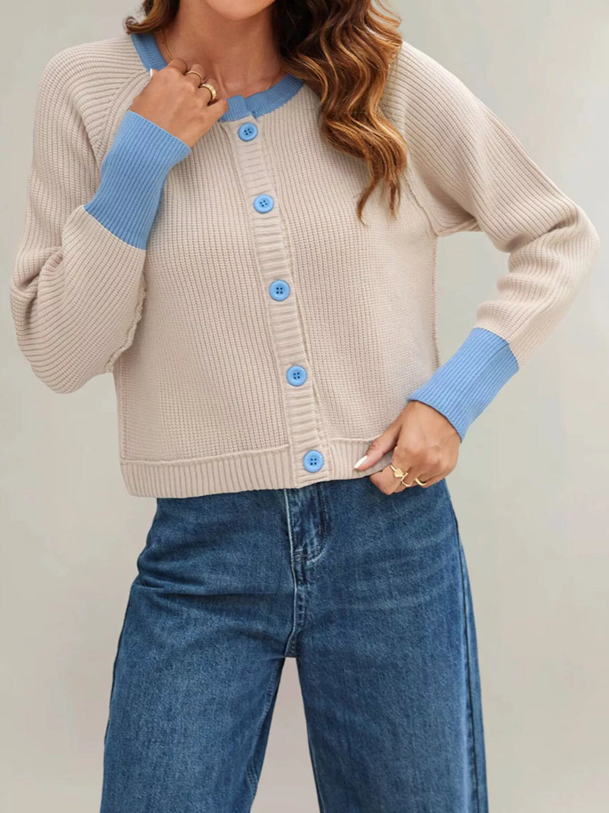 Color Block Ribbed Knit Button-Front Cardigan