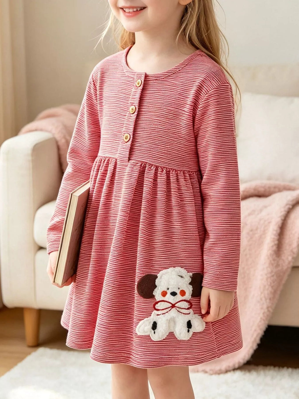 Children's Striped Long-Sleeve Casual Dress with Puppy Applique