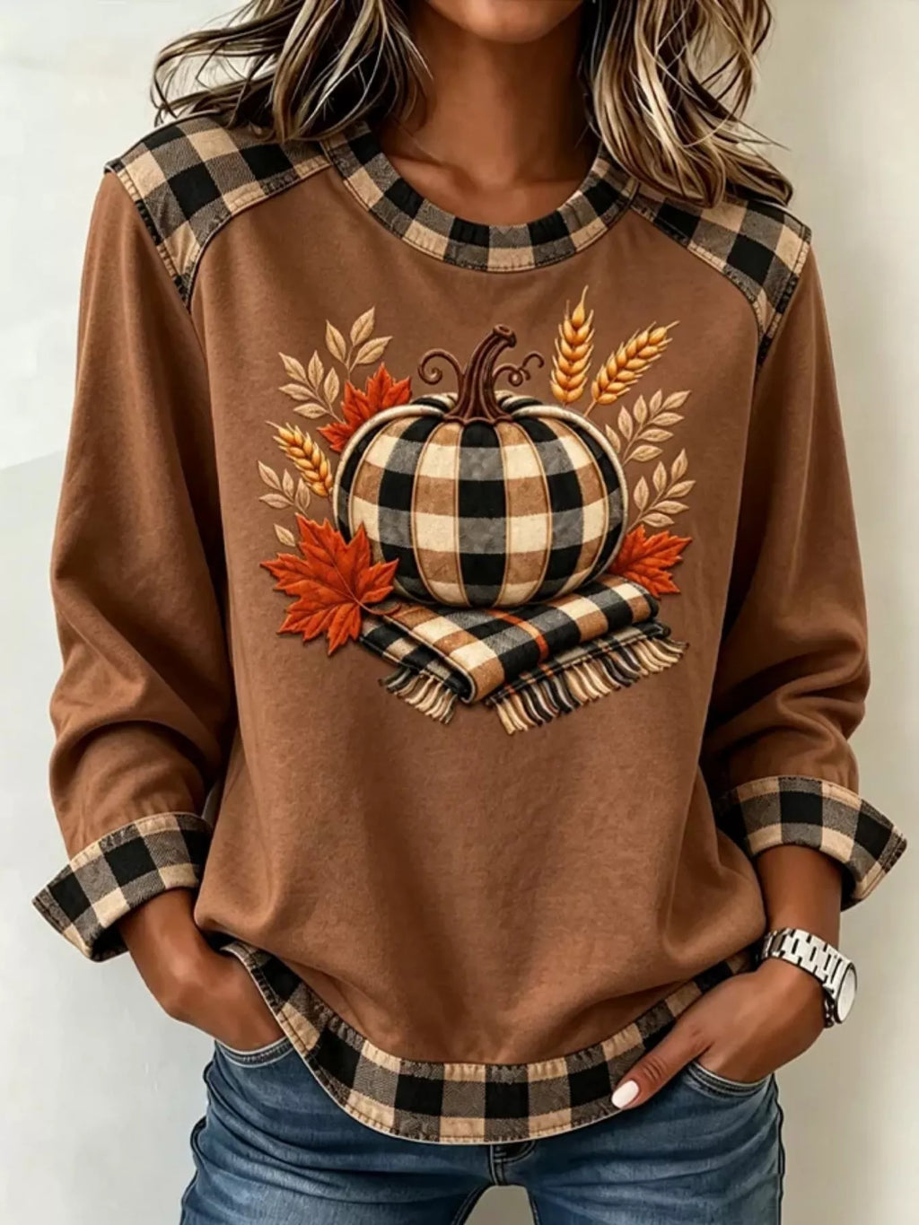 Full Size Pumpkin Plaid Patchwork Long Sleeve Sweatshirt Plus Size
