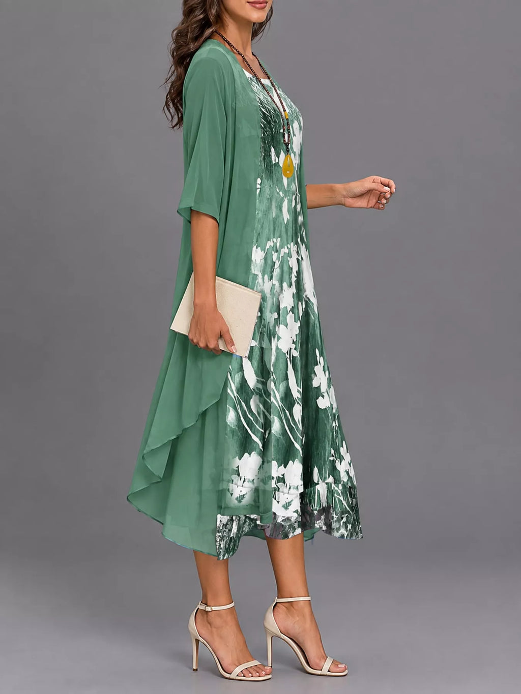 Full Size Floral Print Midi Dress and Chiffon Cardigan Set Plus Size