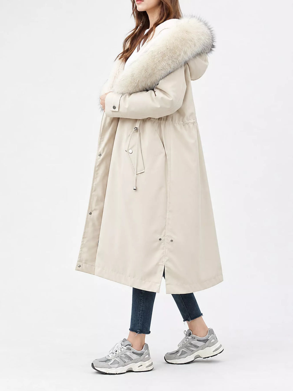 Detachable Longline Hooded Parka with Faux Fur Trim and Drawstring Waist