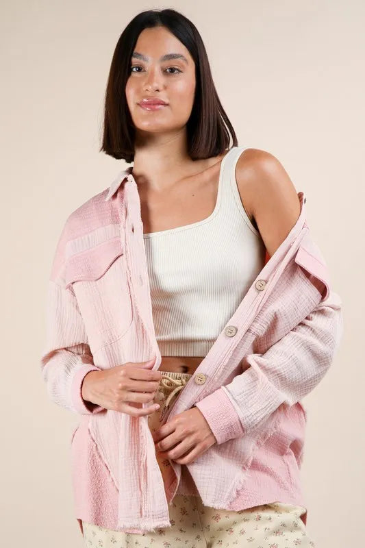 Mineral Washed Oversized Gauze Shacket with Color Block