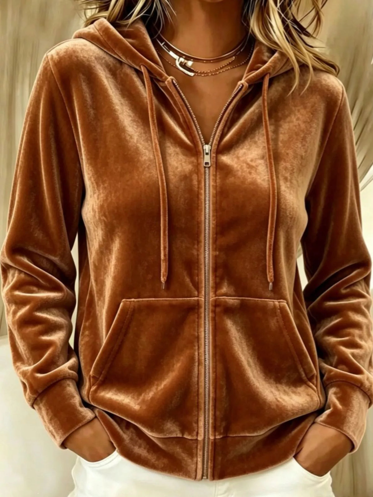 Full Size Velvet Zip-Up Outerwear with Drawstring Plus Size