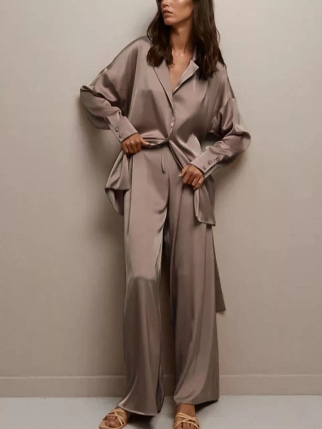 Satin Long Sleeve Shirt and Pants Set