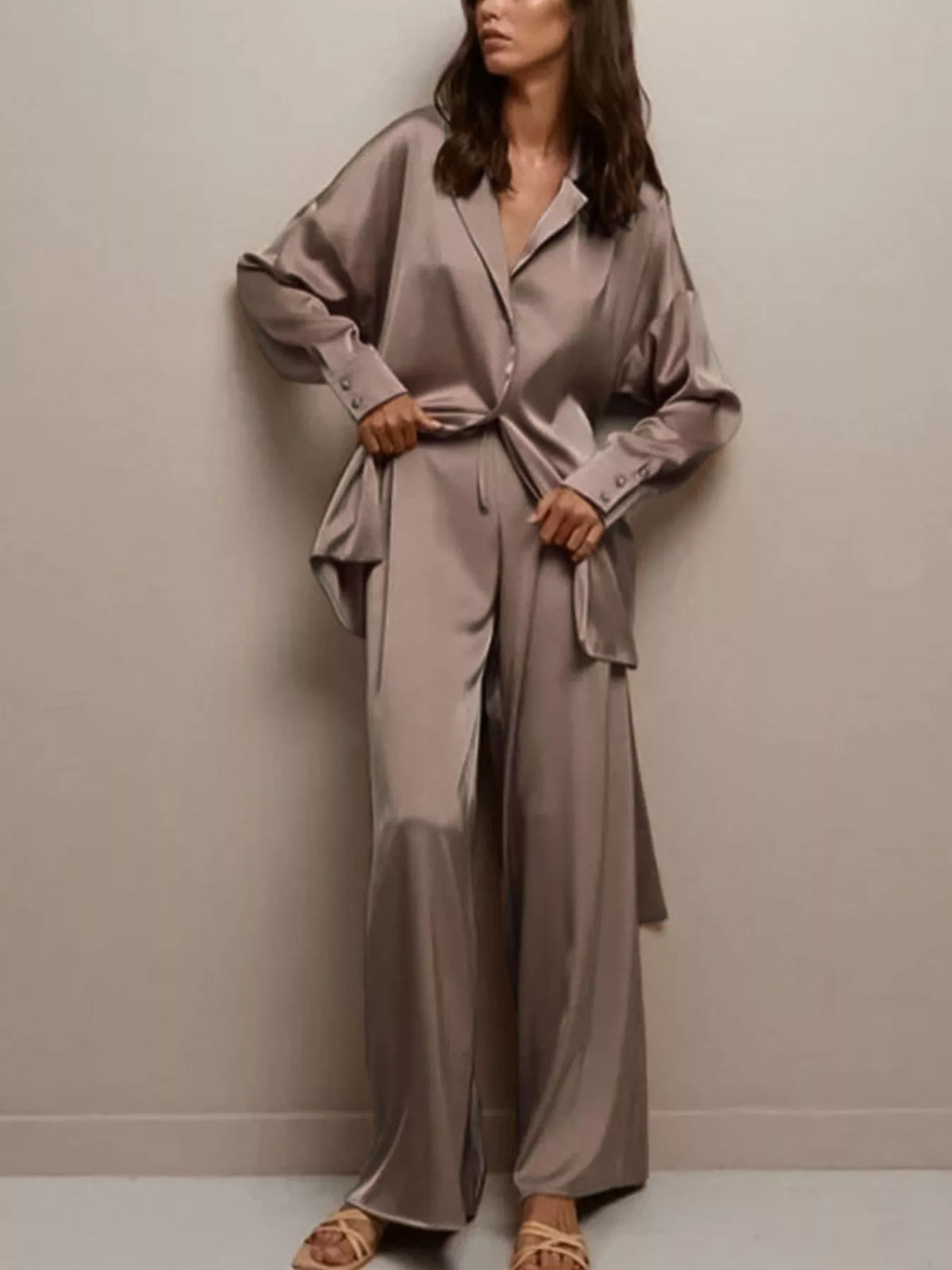 Satin Long Sleeve Shirt and Pants Set