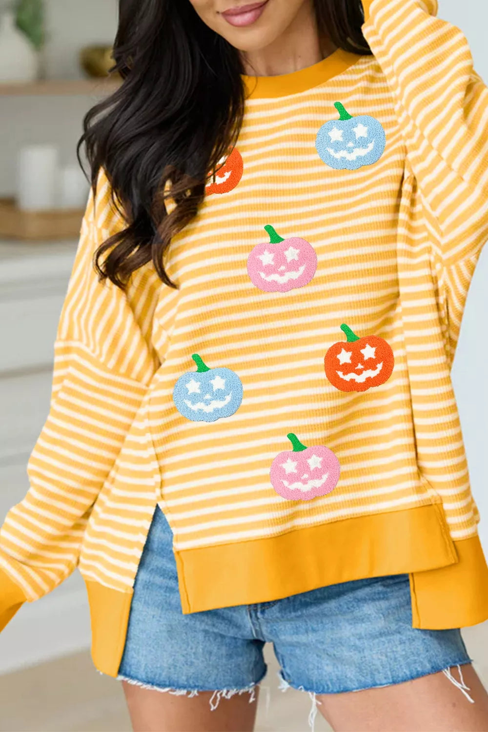 Stripe Halloween Pumpkin Face Waffle Knit Pullover Loose Top with Slits