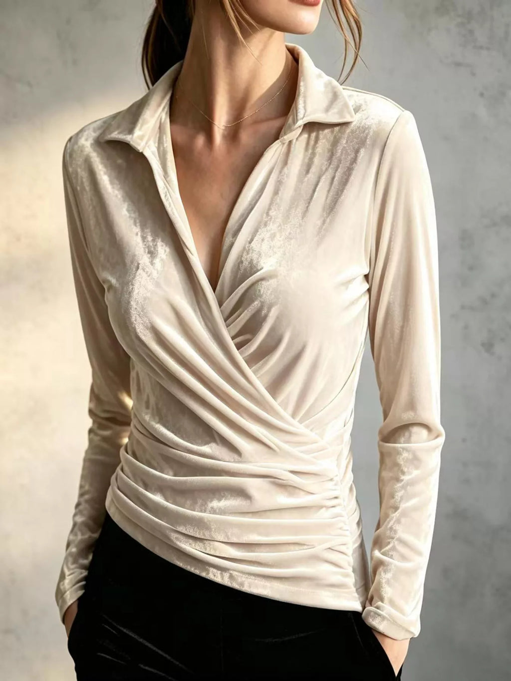 Full Size Velvet Wrap Blouse with Ruched Detail Plus Size