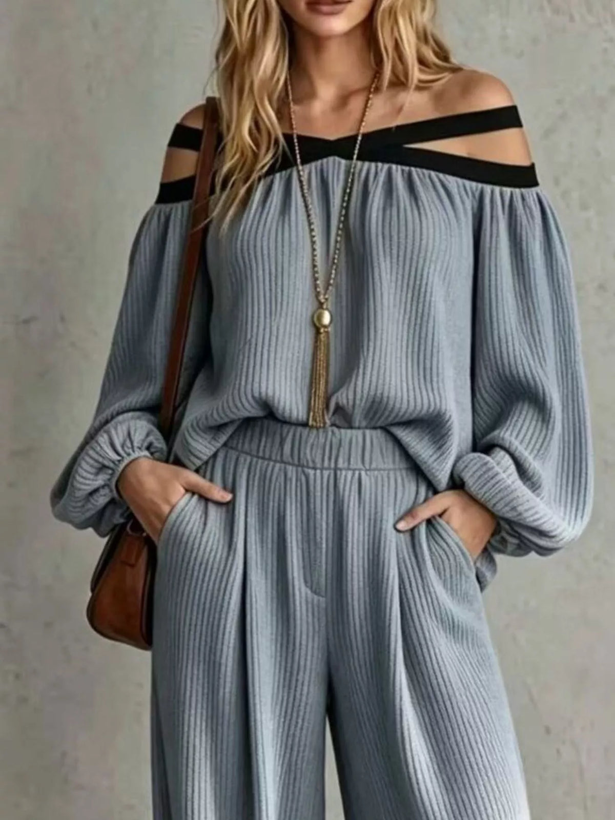 Off-Shoulder Crisscross Cutout Ribbed Knit Top and Wide-Leg Pants Set