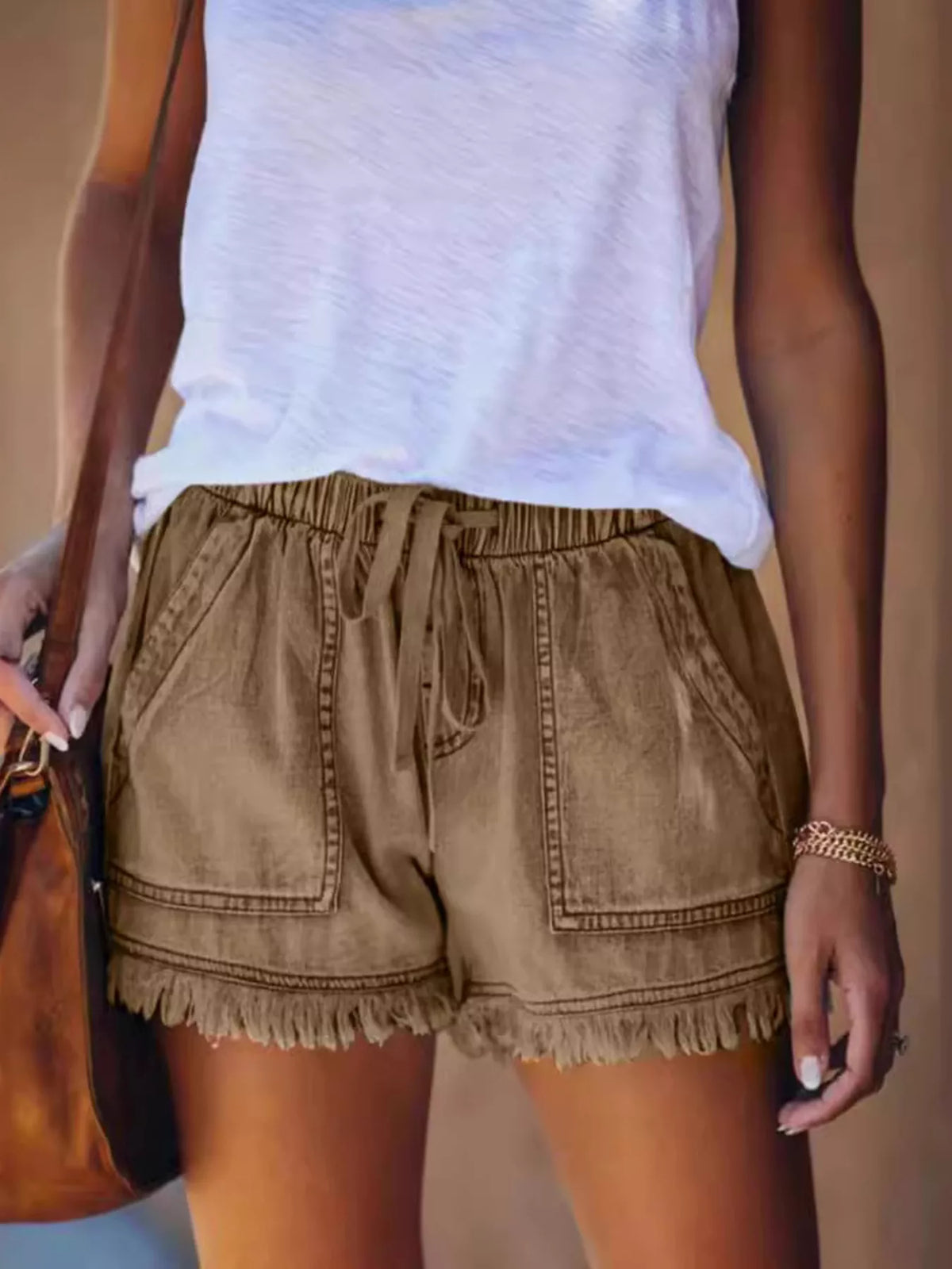 Full Size Drawstring Frayed Hem Denim Shorts Plus Size