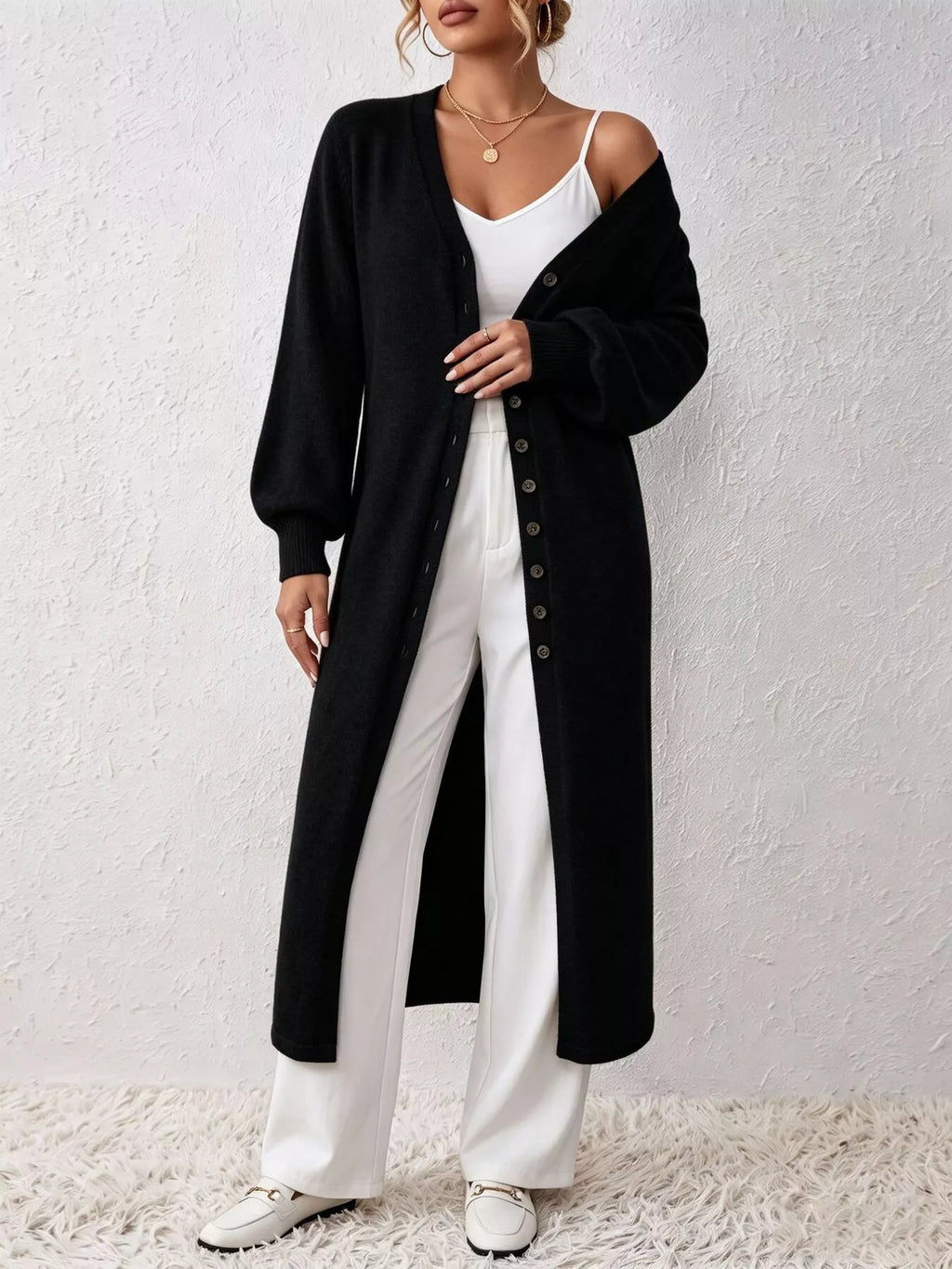 Elegant Longline Button-Front Cardigan with Lantern Sleeves